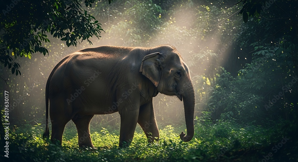 Obraz premium Elephant standing in forest sunlight.