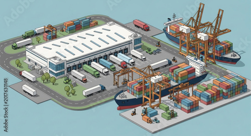 Cuadro en lienzo Modern Logistics Hub with Ships Trucks and Warehouses.