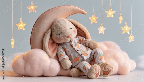 Cute Sleeping Bunny on Moon in Night Sky Illustration
