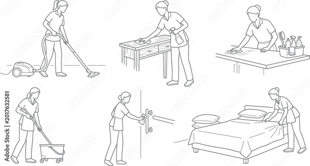 Obraz premium Set of cleaning service staff performing household chores including vacuuming mopping dusting and making beds in simple line art style