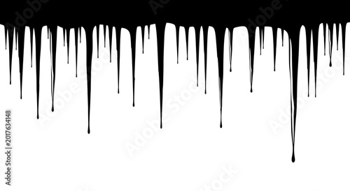 Schilderij op canvas Black paint drips down on white background creating abstract messy texture liqui
