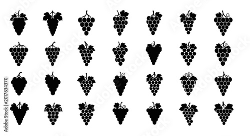 Canvastavla Black silhouettes of various bunches of grapes on white background fruit icons s