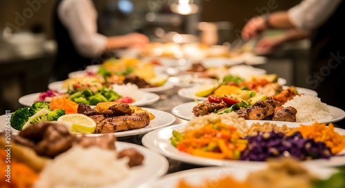 Variety of colorful dishes on plates in a commercial kitchen