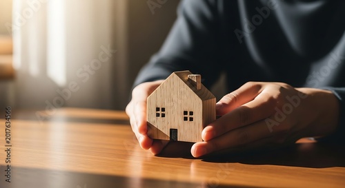 Person holding small wooden house model on table