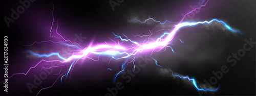 Tableau sur toile Glowing electric lightning strike with neon plasma sparks smoke and thunder flash on dark background