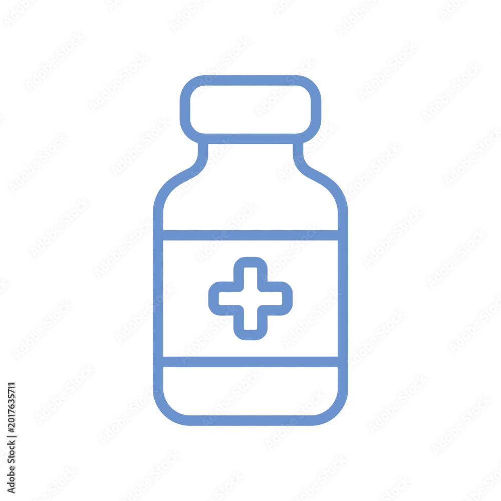 Fototapeta premium Blue outline icon of a medicine bottle with a medical cross symbol on the label, representing health and pharmacy.