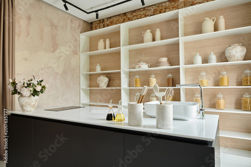 Stylish modern apartment kitchen showcasing elegant design and inviting ambiance