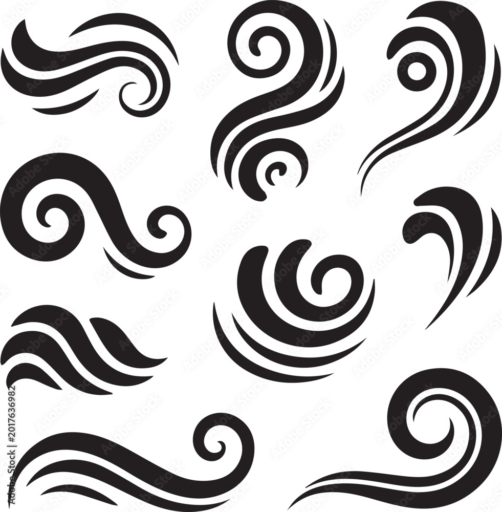 Fototapeta premium Elegant Black Wind Swirls and Decorative Tribal Air Motion Vector Set