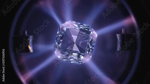 Macro photography showcases raw diamond seed suspended, illuminated ethereal violet electric-blue plasma high-tech growth chamber, ideal industrial production.