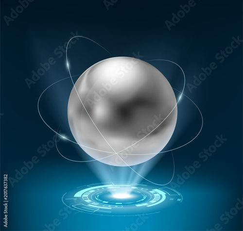 Photos Holographic beam projection of a steel ball, an atom, with protons and neutrons rotating around it