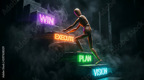 Wooden Figure Climbing Neon Glowing Blocks Vision Plan Execute Win