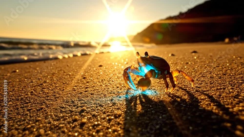 A crab on the beach at sunset with the sun shining brightly overhead freely.