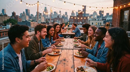 Joyful diverse young adults dining on a city rooftop illustrating authentic connection and urban community at sunset.