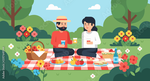 Couple enjoying a delightful picnic outdoors with food and drinks.