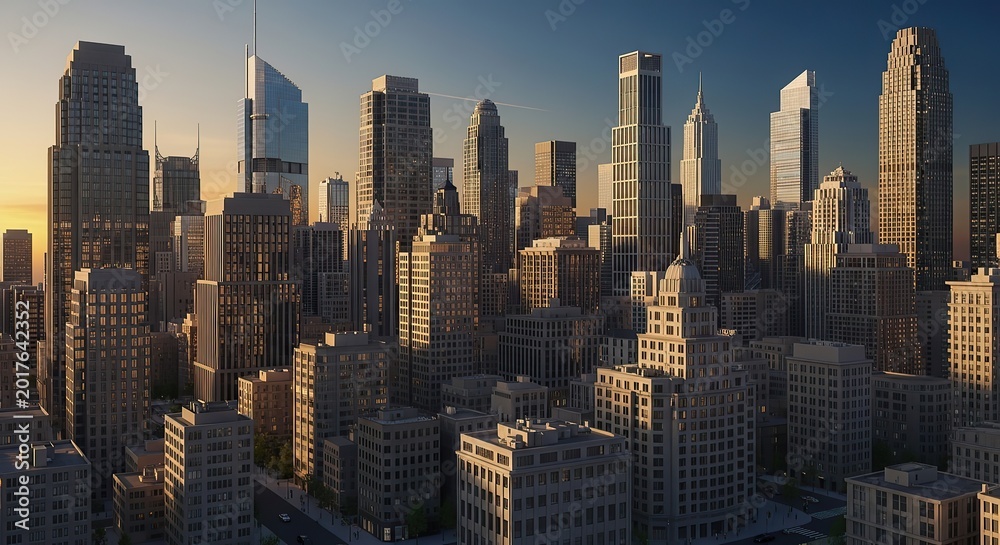 Obraz premium Vibrant City Skyline at Sunset with Towering Modern Skyscrapers.