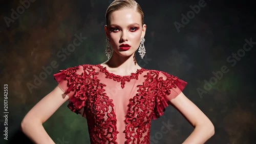 Woman in red dress poses confidently with hands on hips in studio