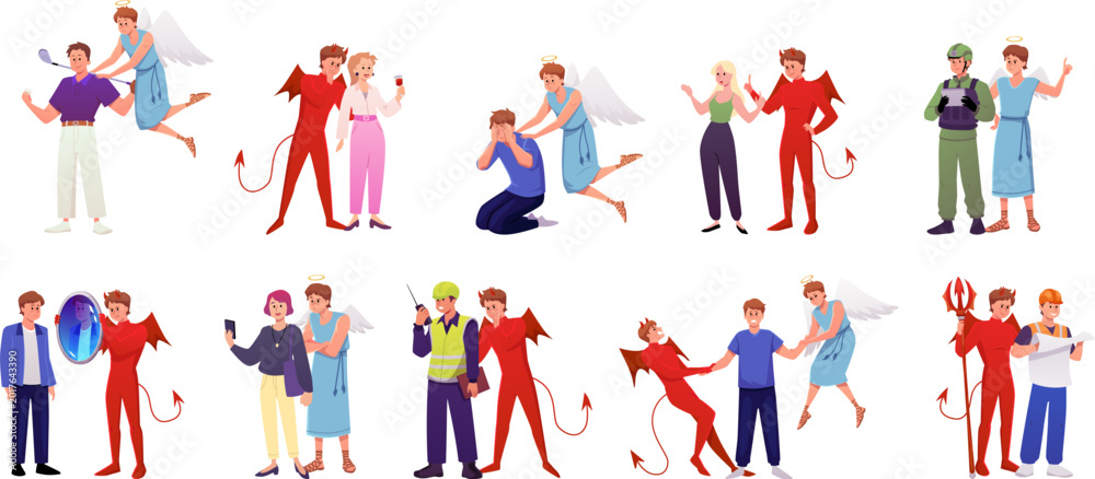 Fototapeta premium A set of characters in various life situations, with angels and demons, good and evil.