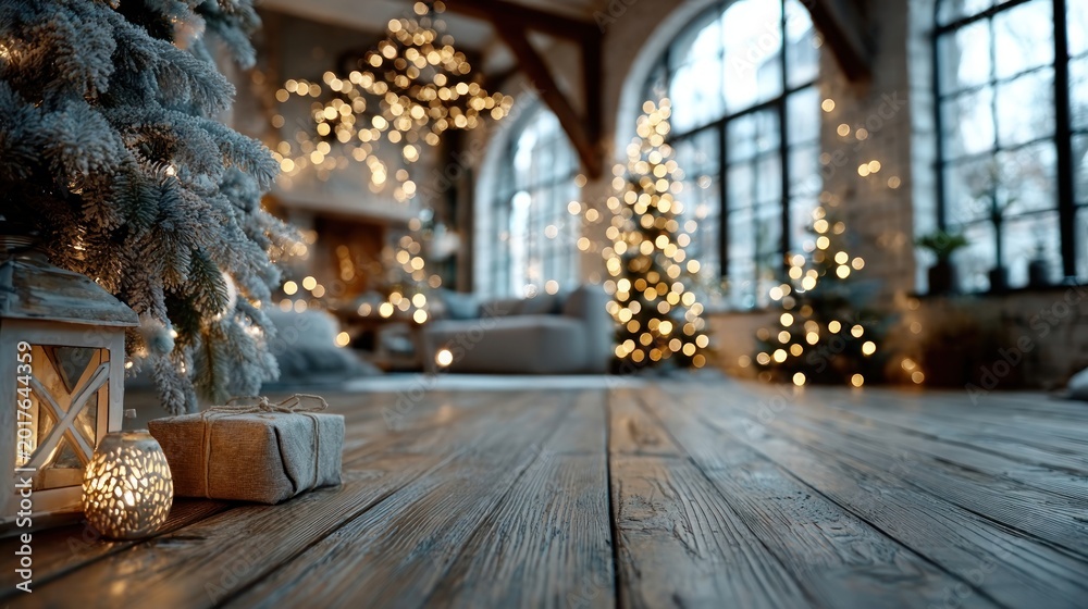 Fototapeta premium Defocused Christmas room interior with empty space for design or copy