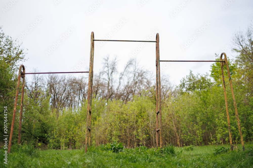 Fototapeta premium Symmetrical view of rusted metal bars in a natural setting. Abandoned exercise frames standing in a overgrown green field