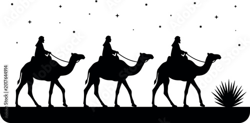 Photos Black Silhouette Three Wise Men Riding Camels Under Starry Night Sky Desert Scen