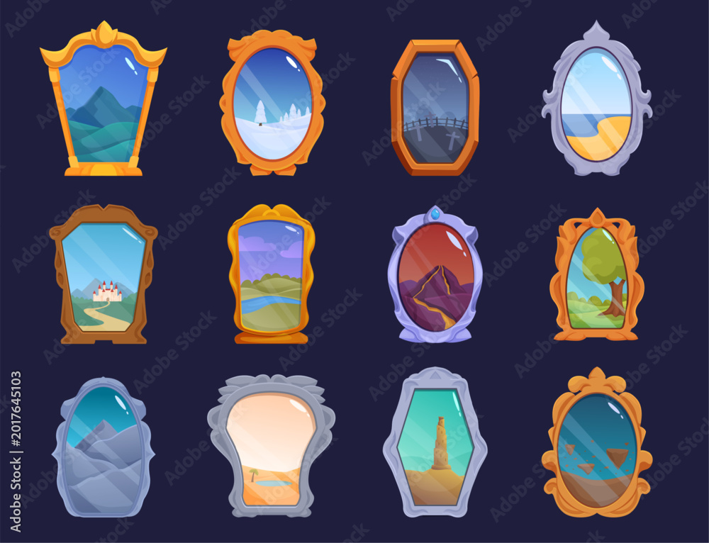 Fototapeta premium Fantasy mirrors. Magic game mirror assets in wooden, golden, silver frames. Fortune telling magical glass with cartoon tale worlds, sapid vector clipart
