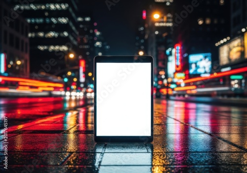 Modern smartphone with blank screen held in a busy city street at night time