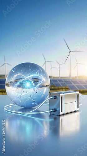 Hydrogen energy system demonstrating clean fuel production, visualizing sustainable power generation using renewable electricity, wind turbine technology, solar panel array.