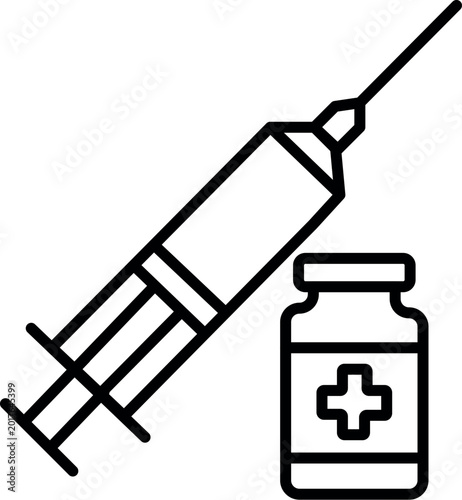 Vaccine Injection Syringe and Medicine Bottle Line Icon.