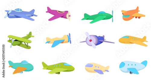 Cartoon toy airplanes. Plastic planes for children games. Flying transport, modern and retro style models. Isolated toys, sapid vector clipart