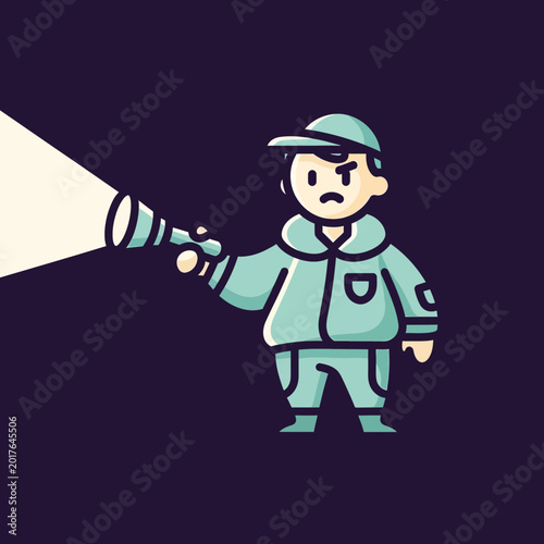 Cartoon security guard holding a flashlight searching.