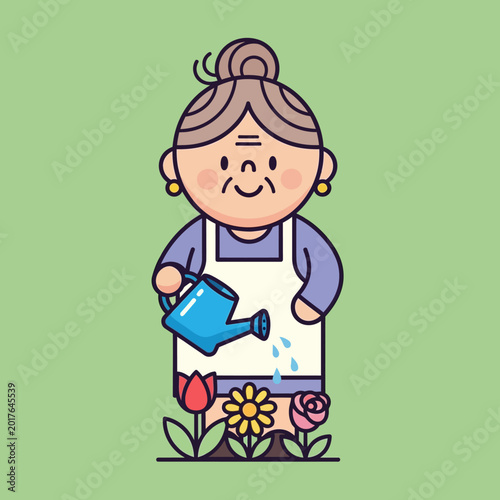 Charming Grandmother Watering Colorful Garden Flowers Illustration.