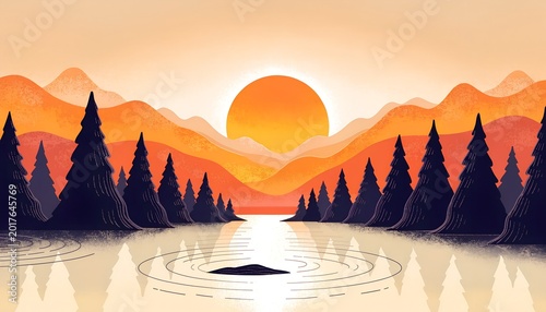 Sunset over mountains, lake, and pine trees orange