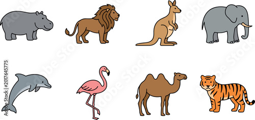 Photography Cute cartoon wild animals collection featuring hippo lion kangaroo elephant dolp