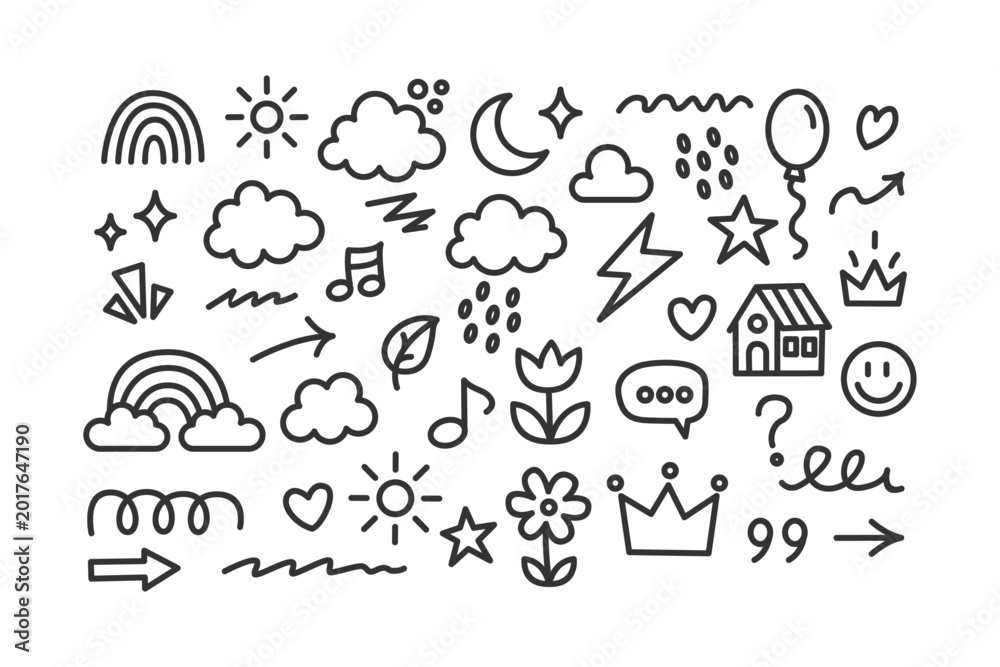 Fototapeta premium Hand Drawn Doodle Elements Set with Weather Nature and Abstract Symbols
