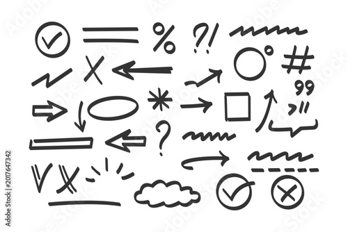 A collection of hand-drawn black symbols and icons on a white background. Includes various arrows, checkmarks, crosses, punctuation marks, and abstract shapes
