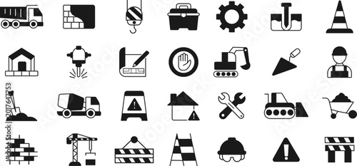 Construction Colored Line Icon Set – Building Tools, Engineering Equipment and Worker Icons