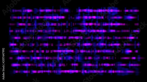Abstract neon purple and blue horizontal lines sliding transition, digital glitch distortion effect on black background for video motion graphics