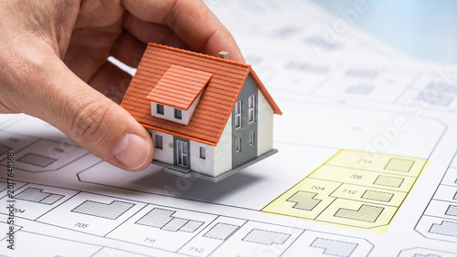 Hand Placing Miniature House Model on Cadastral Map. Real Estate Land Plot and Property Concept.