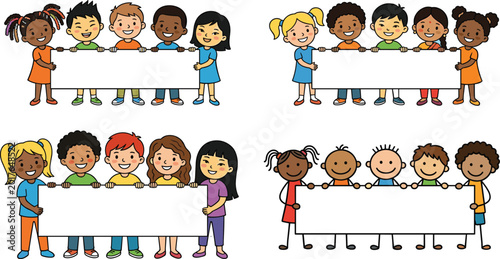 Diverse Happy Children Holding Blank Banner Collection Cartoon Kids Vector Illustration Set