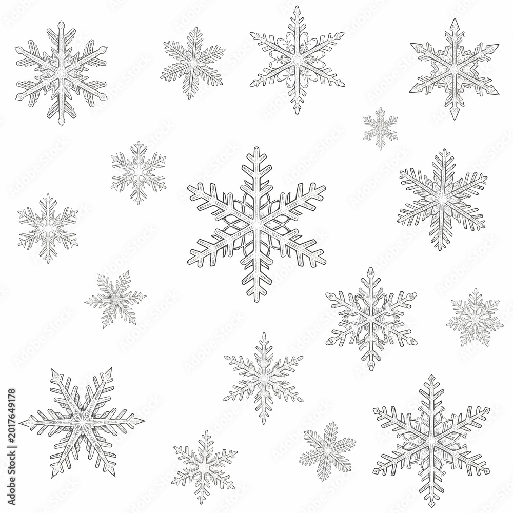 Fototapeta premium Hand drawn winter snowflakes collection line art sketch pattern background