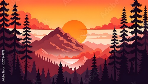 Mountain range at sunset, with pine trees in foreground, orange and red hues