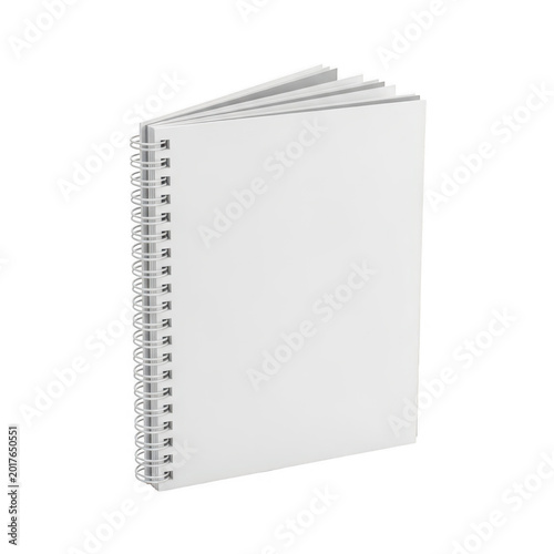 A spiral bound notebook with blank white pages standing upright on a surface for writing purposes