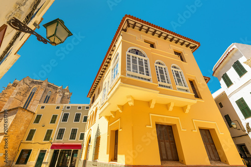 Historic architecture and gothic cathedral in the old town of Ciutadella, Spain