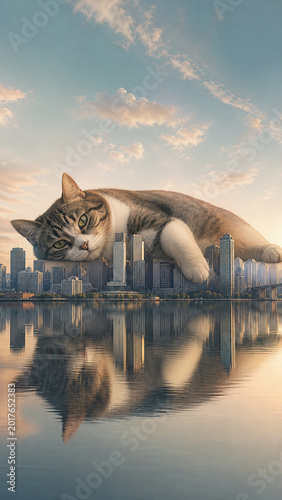 Cat atop Cityscape Dreamscape: A surreal composite image portrays a colossal domestic cat slumbering peacefully atop a cityscape, with a tranquil reflection mirroring the dreamlike scene. 