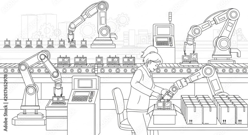 Obraz premium Robotic Arms Working in Modern Factory Assembly Line.