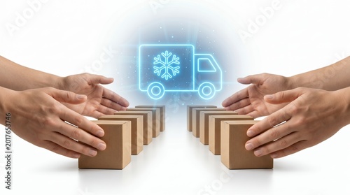 Hands arranging cardboard boxes with a glowing cold chain delivery truck icon isolated on white background