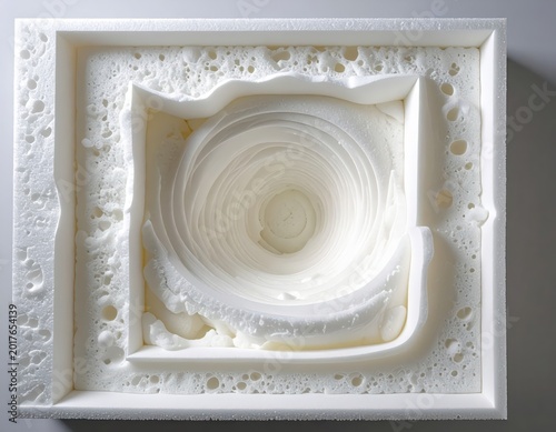 Abstract white foam sculpture with layered spiral and textured edges, close-up