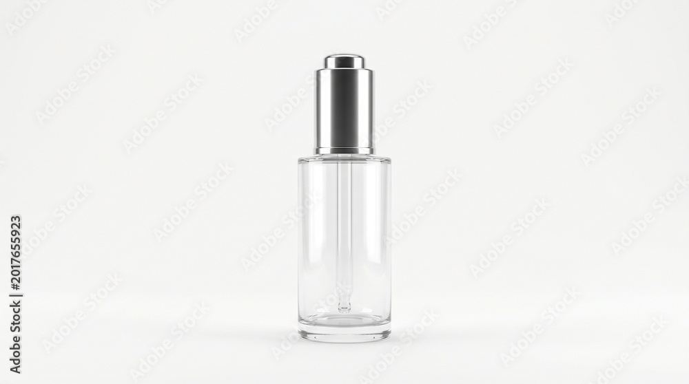 Naklejka premium Clear glass dropper bottle with silver cap on white background