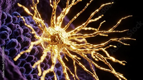 Close up of a glowing golden neuron cell with dendrites extending outwards, surrounded by smaller purple cells against a dark background, science and medical research