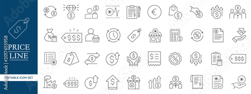 Fotografie Price Line Icons Set, Discount Pricing Payment Ecommerce Outline Vector Collecti